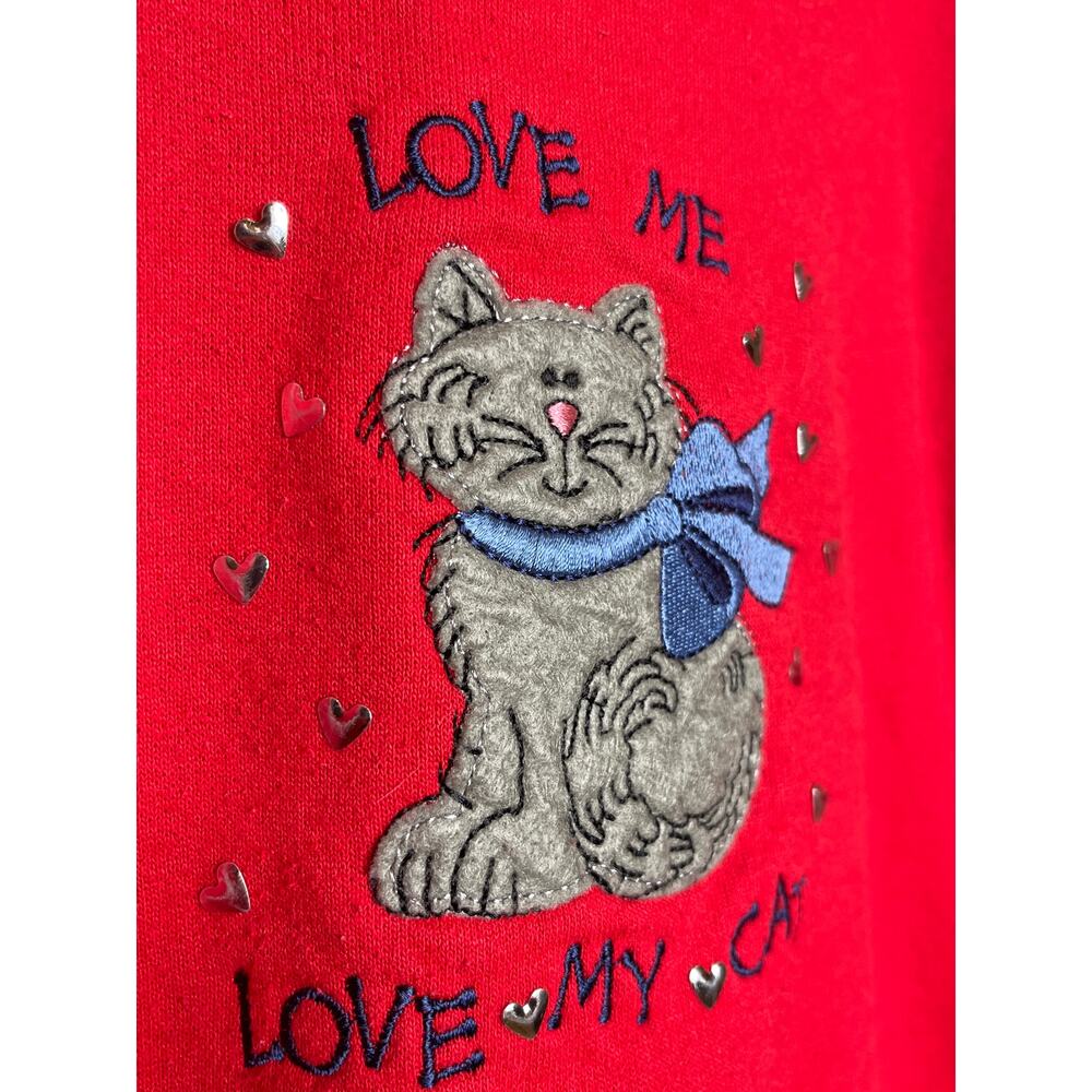 Vintage LOVE‎ ME LOVE MY CAT Medium Red Sweatshirt Dual Collar